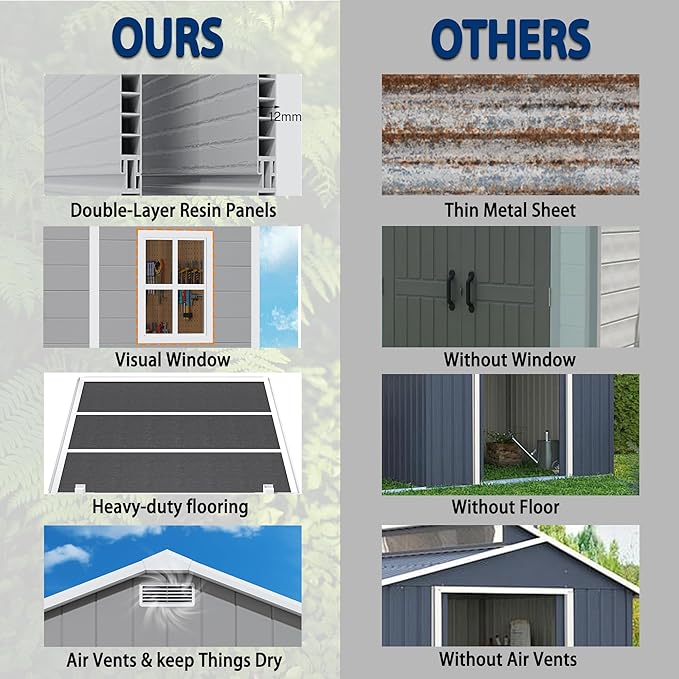 10x8 FT Resin Outdoor Storage Shed with Floor, Weather-Resistant Plastic Garden Shed with Windows, Lockable Door and Vents, Outside Tool Storage Sheds for Backyard, Garden, Lawn, Grey