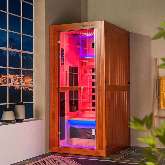 Woodbridge Infrared Home Sauna Room 1 Person Hemlock Wooden Indoor Sauna with 7 Carbon Heaters, Red Light Therapy, Bluetooth Speaker, Intelligent Control Panel, Tempered Glass & Top Vent