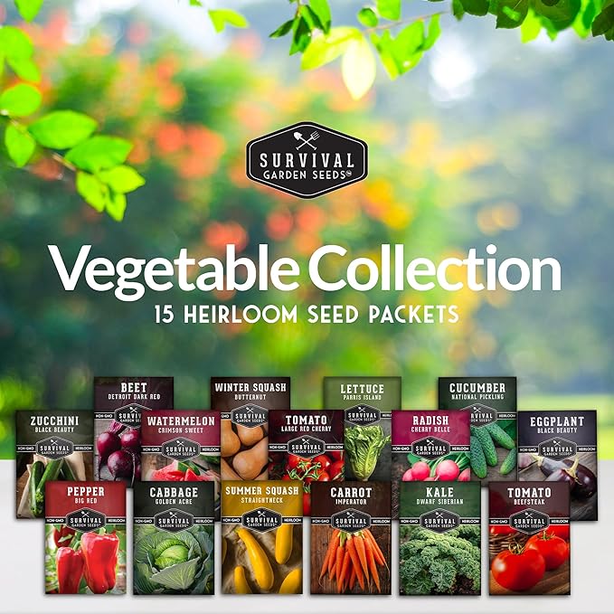 Survival Garden Seeds Vegetable Garden Collection Seed Vault - Non-GMO Heirloom Family Garden Seeds for Planting - 15 Non-Hybrid Varieties of Vegetables