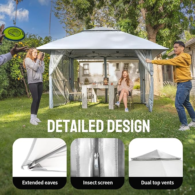 CROWN SHADES 11X11 Outdoor Pop Up Gazebo Base 10X10 Patio Gazebos Patented Center Lock Quick Setup Newly Designed Storage Bag Instant Canopy Tent with Mosquito Nettings (11x11, Gray)