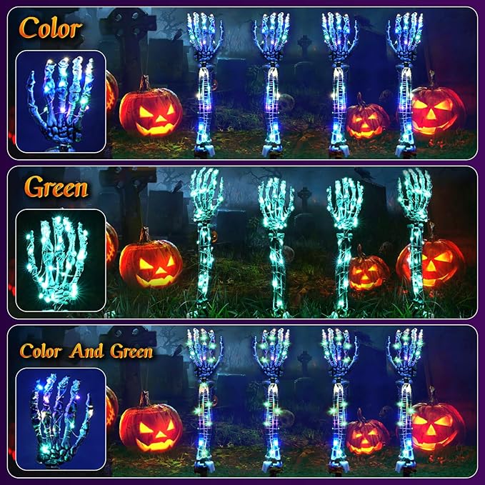 Halloween Lighted Skeleton Hands Set, 4 Pack Light Up Skeleton Arm Stakes, 4 x 3m 240 LED Green & Coloured Lights with 3 Modes, Realistic Halloween Yard Outdoor Decorations Graveyard Garden