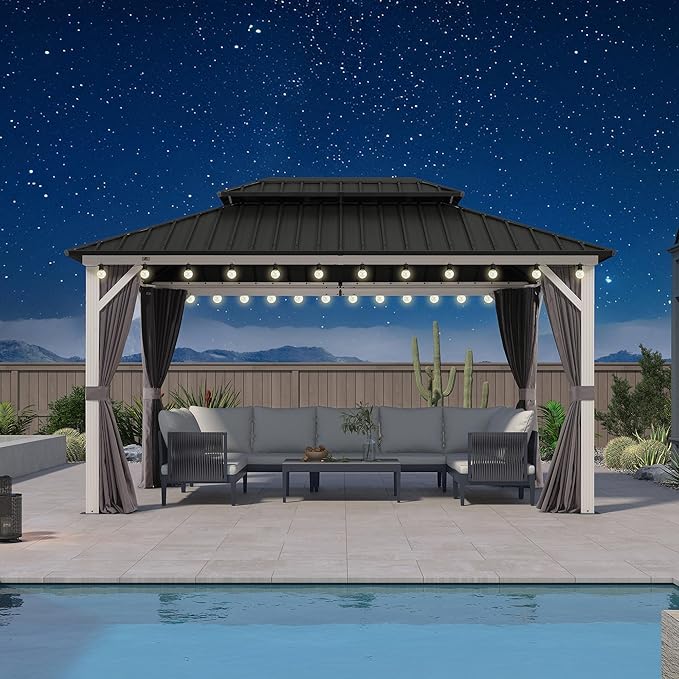 PURPLE LEAF 10' X 14' Outdoor Gazebo Hardtop Metal Roof White Aluminum Frame Heavy Duty Gazebos with Curtain and Netting for Patio, Garden and Backyard, Grey