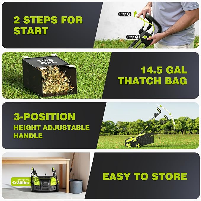 16-Inch Electric Dethatcher and Scarifier, YERYORK 2-in-1 Scarifier and Lawn Dethatcher with Powerful 15.5 AMP Motor 14.5Gal Collection Bag 5-Position Depth Foldable Handle for Lawns(Dark Green)