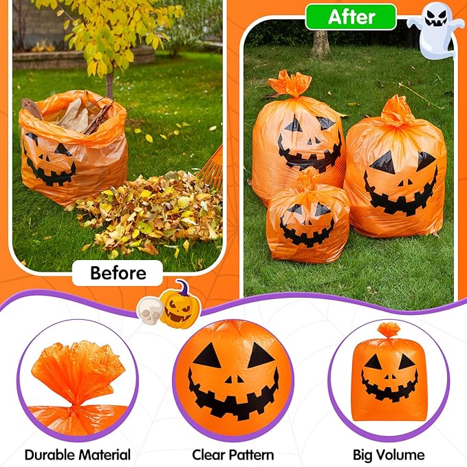 Qilery 12 Pcs Halloween Leaf Lawn Bags Plastic Pumpkin Trash Bags for Leaves with Twist Ties for Halloween Yard Garden Outdoor Party Favors Decorations