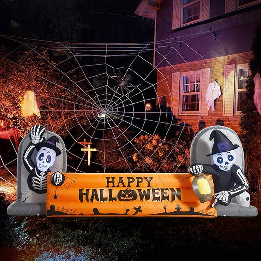 10FT Large Halloween Inflatable Decorations Skeleton Tombstone Banner, Build-in LED Lights Holiday Blow Up Yard Decoration for Halloween Holiday Party Outdoor，Garden Yard Lawn Decor