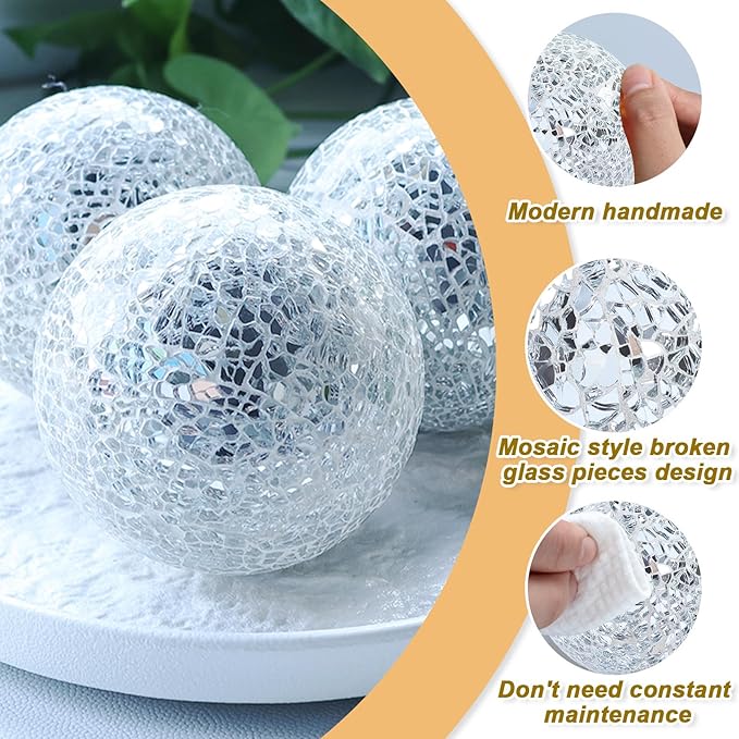 Mosaic Glass Balls 3.35 Inch Decorative Orbs Ball Decor Crack Solid Sphere Mirror for centerpieces Table Bowl Home Christmas Ornaments Silver Set of 3