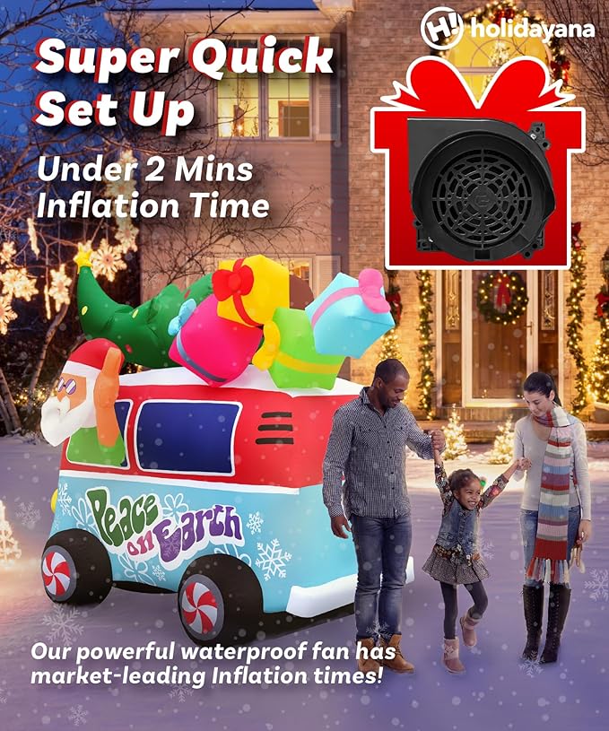 Holidayana Christmas Inflatables Large 8ft Tall Santa Hippie Van - Inflatable Outdoor Christmas Decorations Blow Up X-mas Decorations for Yard, Lawn & Garden Internal Lights & Built-in Fan