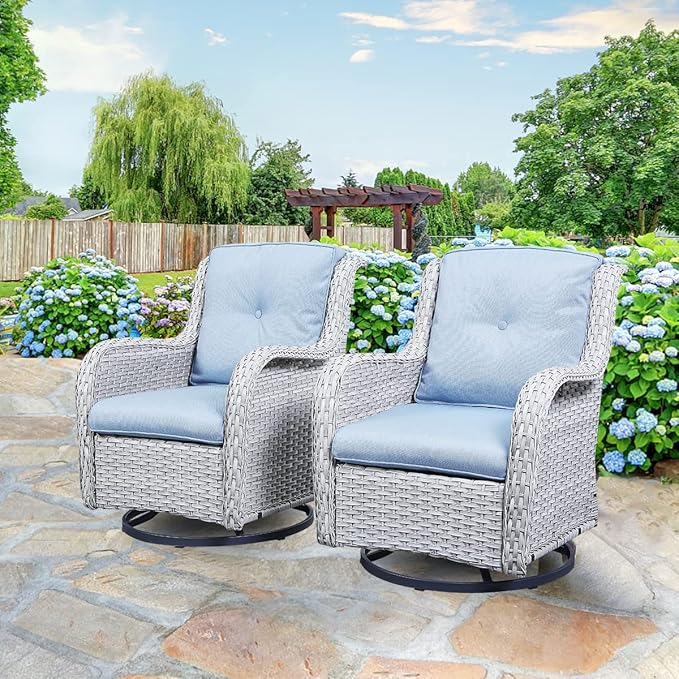 HUMMUH 5 Pieces Outdoor Furniture Patio Furniture Set Wicker Swivel Patio Chairs with 2 Seater Outdoor Sectional Sofa/Patio Loveseat with Ottomans(Light Grey/Light Blue)