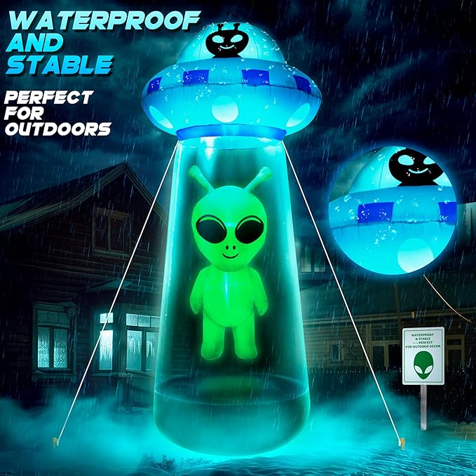 9.5Ft Towering Halloween Inflatables Decorations Outdoor UFO Alien, Huge Halloween Blow Up Yard Decorations UFO Alien Invasion with Built-in LED Light Strong Blower for Festival Party Lawn