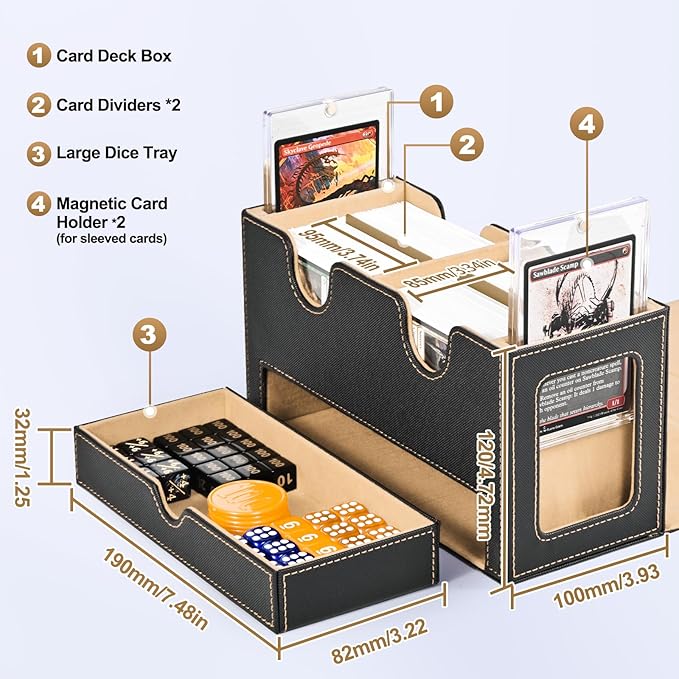MTG Deck Box with 2 Commander Display and Dice Tray-Patented Design, Double Deck Box for 280+ Single Sleeved Cards, Leather Magnetic Card Storage Box Fits for TCG CCG Magic Cards (Black&Khaki)