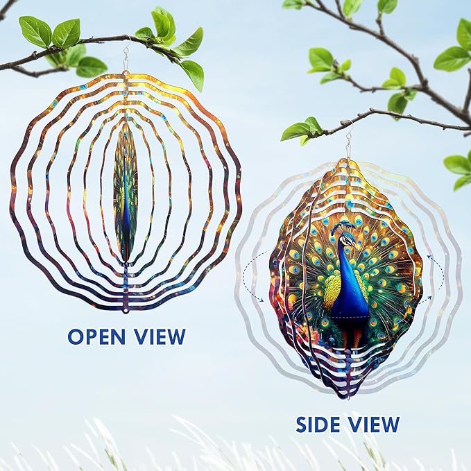 FLAGWIX Christmas Peacock Wind Spinners Outdoor - 3D Stainless Steel Metal Wind Spinners 12 in - Gardening Gifts for Women, Peacock Yard Outdoor Home Garden Decor for Outside