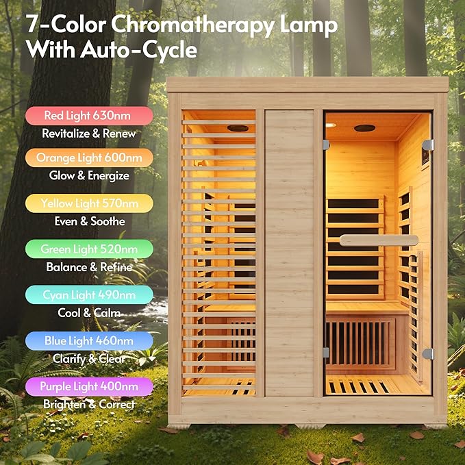 Infrared Sauna at Home 2-3 Person with 7 Color Therapy, Low EMF 2250W Fast Heating Canadian Hemlock Wood Sauna, Indoor Dry Sauna with Bluetooth Speakers for Home, Gym (5Lx3.6Wx6.3H Ft)