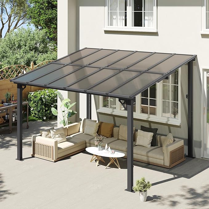 Aoxun 10' x 12' Gazebo for Patio, Gazebo Pergola with Sloped Roof, Large Wall-Mounted Heavy Duty Awnings, for Backyard, Deck, Patio (Gray Polycarbonate Panel)