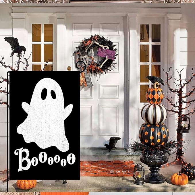 DECORLUXES Halloween Ghost House Flag 28x40 Double Sided, Garden Flags Garden Outside Decor, Boo Black Holiday Yard Outdoor Decoration for Home (House + Garden flag)