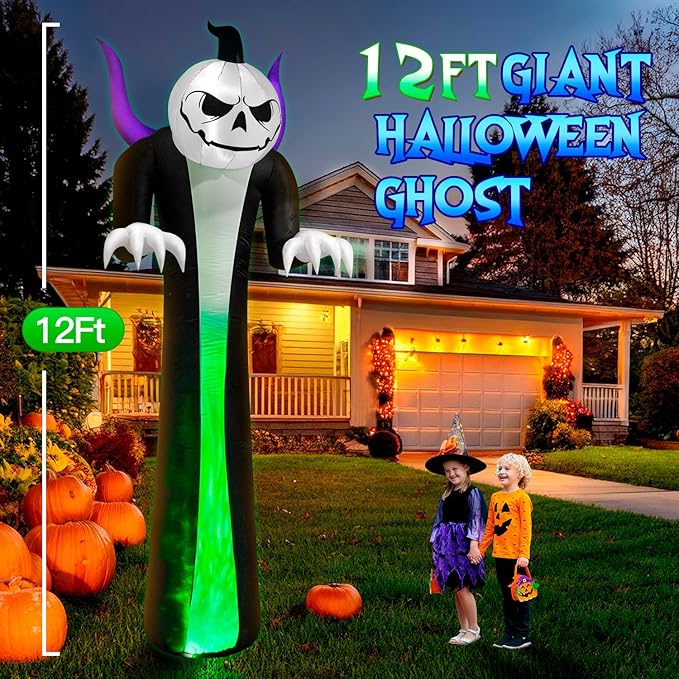 12FT Halloween Inflatables Decoration Outdoor Giant Pumpkin Reaper Ghost Built-in 3-Colored Rotation Flame LED Halloween Blow Up Yard Decorations Spooky Outdoor Party Yard Lawn(1PCS)