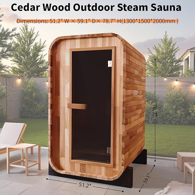 ZONEMEL Outdoor Steam Sauna for 2 Person, Canadian Red Cedar Sauna Room with 4.5KW Heater, 8mm Tempered Glass, Floor Kit, 220V (0-195 °F)