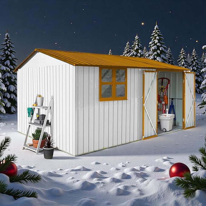 12 ft × 10 ft Sheds & Outdoor Storage Shed Large Classic Apex Roof Metal Garden Storage Sheds with Hinged Door, Window Tool Cabinet for Backyard, Patio, Poolside, Golden Yellow + White