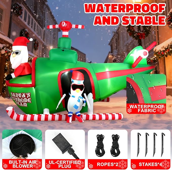 HFO 8ft Wide&5.5ft Tall Christmas Inflatable Outdoor Decorations, Blow up Yard Decor with Santa Claus to Fly a Helicopter with a Penguin, Bright LED Lights Christmas Outdoor Decorations