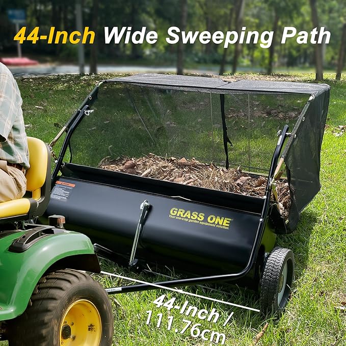 44 Inch Tow-Behind Lawn Sweeper with 25 Cu.Ft Hopper Bag, Adjustable Brush Height & Easy Dump-from-Seat – Picks Up Leaves, Grass & Yard Debris, Garden Gift