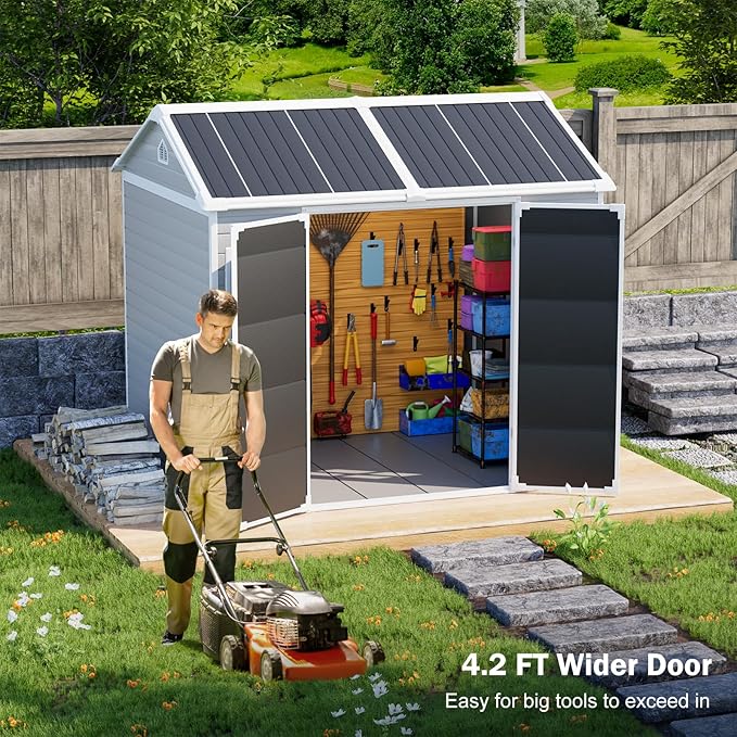 8x6 FT Resin Storage Sheds with Floor and Adjustable Openable Windows, Large Waterproof Garden Sheds with Base, Outside Plastic Sheds with 2 Windows for Backyard Garden Patio Lawn Tools Storage, Gray