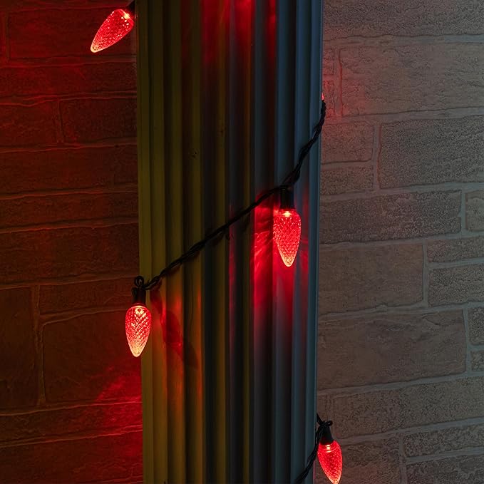 Wintergreen Lighting 25 Red C7 Christmas Lights, 17 Ft – Red LED String Lights for Outdoor Holiday Decor, Valentine's Day and Party Lighting