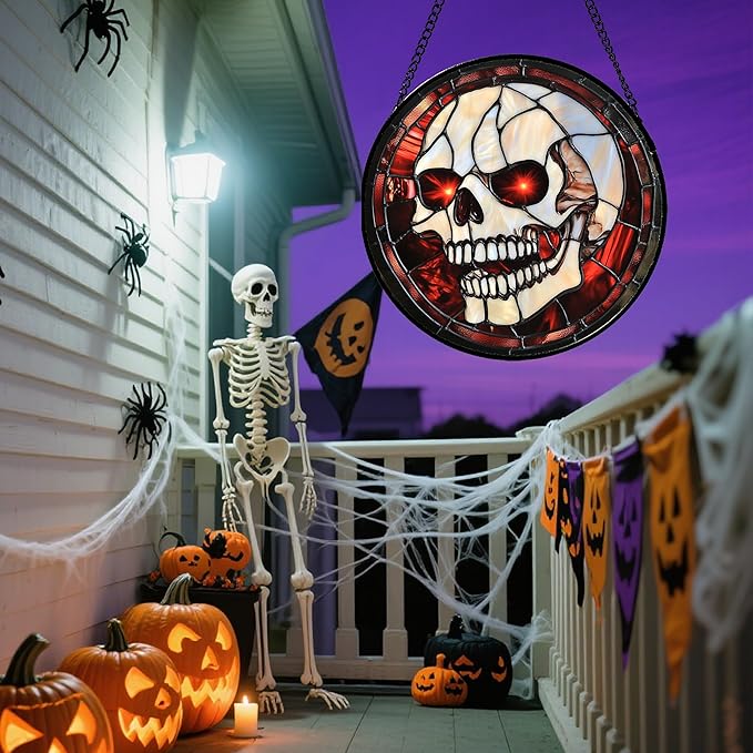Stained Glass Window Hanging - Halloween Decorations White Skeleton Suncatcher for Doors Garden Indoor Spooky Funny Red Sun Catchers Gothic Decor Horror Gifts for Women Men Friend 6.3 in