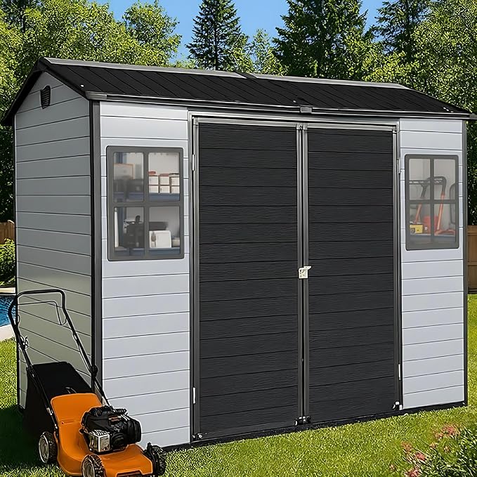 8x4 FT Resin Storage Shed with Floor Included, Outdoor Plastic Sheds & Outdoor Storage Clearance with 2 Windows and Lockable Door, Backyard Storage Shed for Garden Tools, Bike, Black+Grey