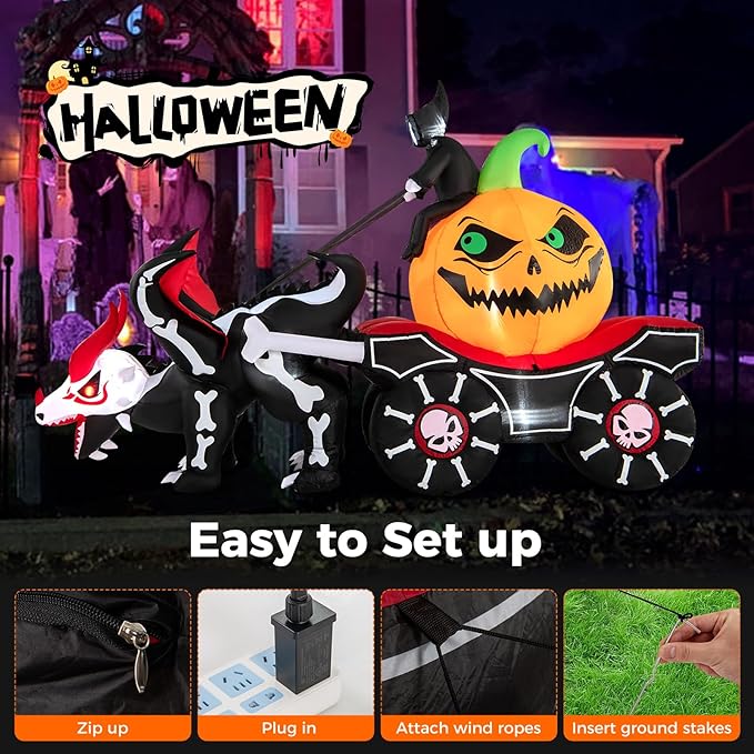 Goplus 9 FT Halloween Inflatable Outdoor Decoration, Blow up Grim Reaper Driving Pumpkin Carriage with Skeleton Dragon & Skull Wheels, Built-in LED Lights, Holiday Decorations for Garden, Yard & Lawn
