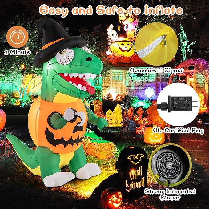Goplus 6 FT Inflatable Pumpkin Dinosaur, Blow up Yard Decoration with Built-in LED Lights & Witch Hat, Halloween Inflatable Decoration with Stakes, Tethers & Sandbag, for Garden, Yard & Lawn