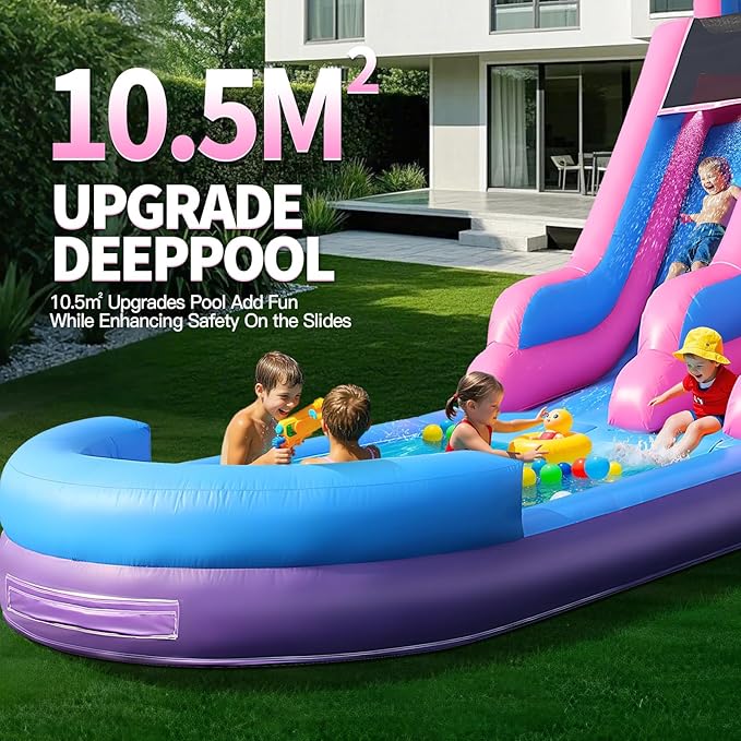 Inflatable Water Slide for Adults, 26FT 100% PVC Waterslide with Big Splash Pool, Widen Slide with Shallow Pool, 1100W Air Blower, Ideal for Backyard, Park (Purple Castle Design) 1