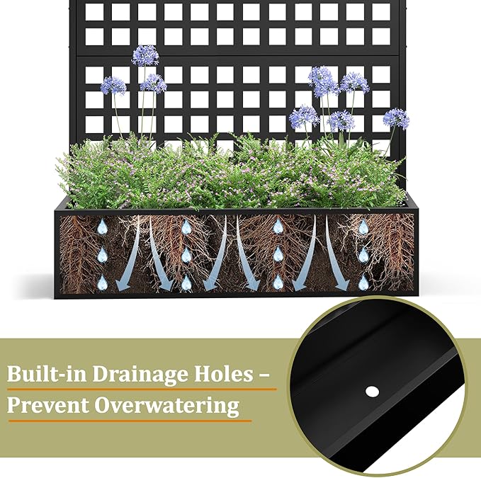 Metal Planter Box with Trellis, Heavy-Duty Raised Garden Bed for Climbing Plants, Drainage Hole, Outdoor Planter Box with Privacy Screen，47''L×16''W×71''H