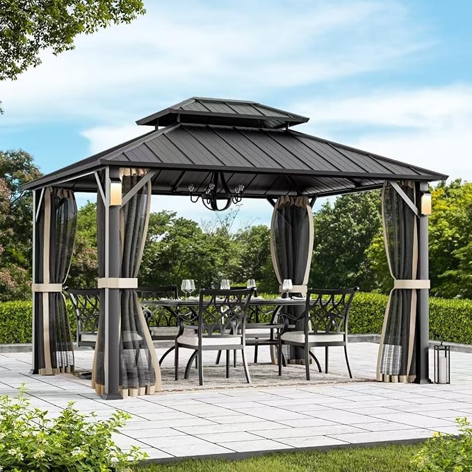Modern Shade The Horizon Hardtop Gazebo 10' x 12' with 4 LED Lights, Permanent Outdoor Gazebo with Galvanized Steel Double Roof, Grill Pavilion with Decor Hooks, Mosquito Nettings, Black