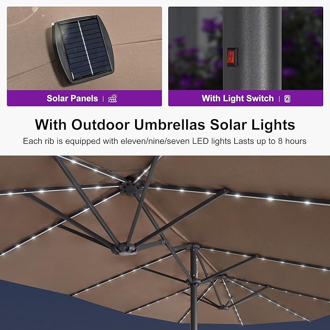 PURPLE LEAF 15ft Double-Side Patio Umbrella with Base and Solar Lights Outdoor Market Umbrella with Crank Handle Rectangle Umbrella for Backyard Pool Garden Deck, Taupe