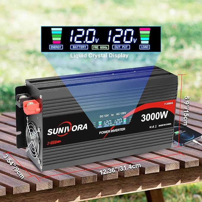 3000 Watt Inverter with LCD Display 12V DC to 110V/120V AC 60HZ Car Power Inverter with 3 AC Outlets & Dual USB Ports for Car RV Truck Camping