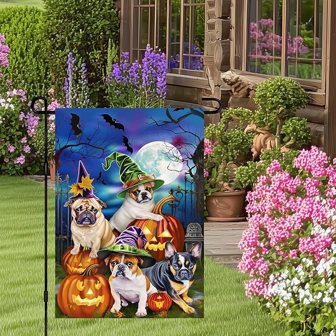 Double Sided 12x18 Inch Halloween Garden Flag, Scary Pumpkin Pug Bat Haunted House Outdoor Decoration, Halloween Trick or Treat Dog Garden Flag for Outdoor Yard Lawn Decoration