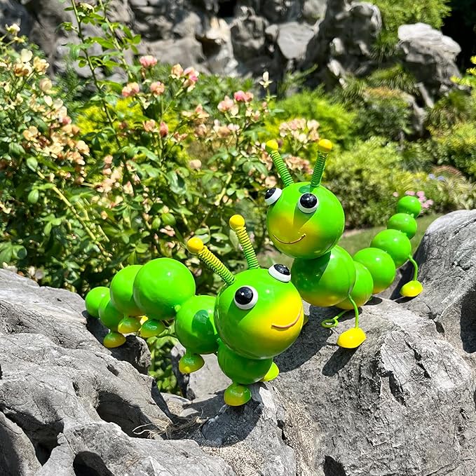 Metal Caterpillar Statue Yard Art Garden Decor for Outside Patio Lawn Ornaments Fence Decorations Gift for Family,Friends,Garden Lovers - Set of 2(Green)