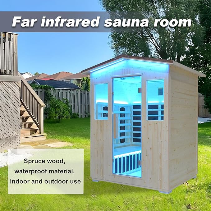Outdoor Infrared Sauna 4 Person, Spruce Wooden Large Sauna 2600W 240V Heaters Panels With Lcd Display Control Multi Color Light Strip Bluetooth Speaker Oxygen Bar(59.06*47.24*81.89 inch Spruce)