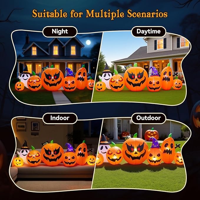 9 FT Halloween Inflatables Pumpkin Outdoor Decorations with Cute Chost Cat and Witch Hat Built-in LEDs Blow Up Pumpkin for Party Yard Lawn Garden Outside Decor