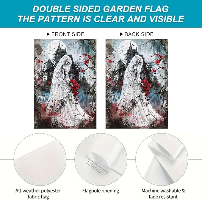Halloween Horror Garden Flag 12x18 Inch Skeleton Bride Haunted Church Flag Outdoor Yard Decorations House Banner Porch Lawn Patio Home Decor