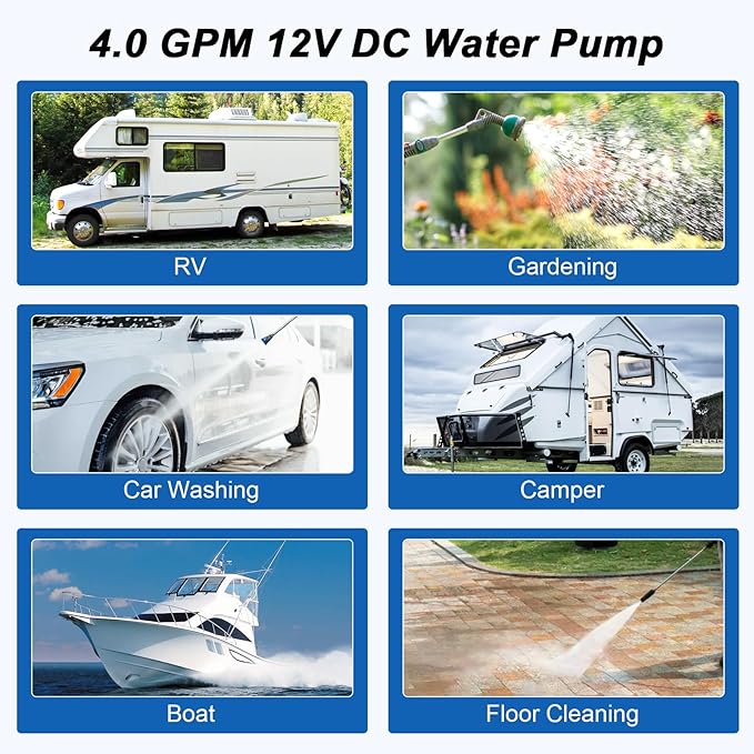 4.0 GPM 12V DC 45 PSI Revolution Water Pump with Pressure Switch Compatible with Camper, RV, Shower, Sprayer