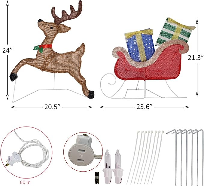 Prsildan Christmas Lighted Decoration 25" x 44" Reindeer, 50 Lights Christmas Reindeer with Sleigh & Gift Boxes, Light up Decorations for Indoor Outdoor Home Kitchen Yard Garden Holiday Party