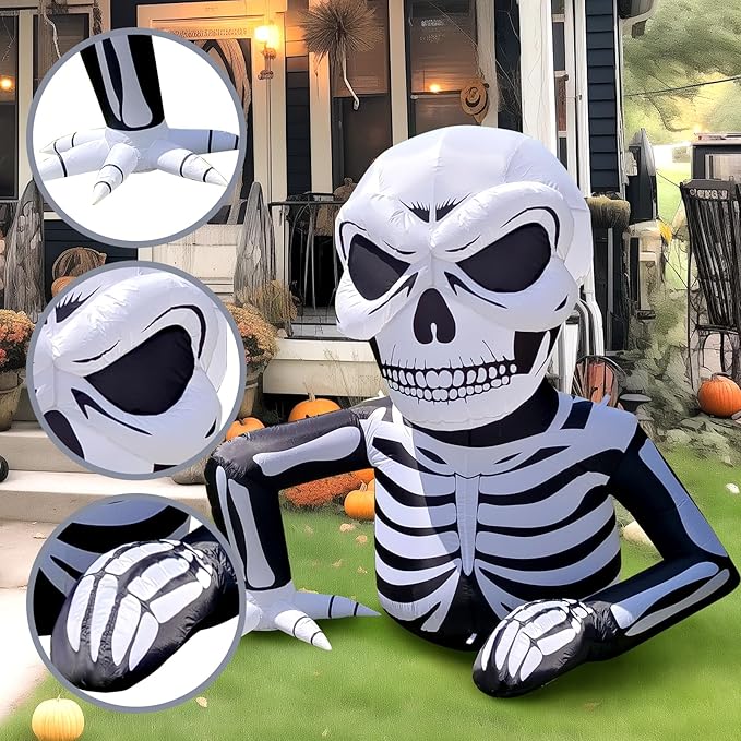 WBHome 6 Ft Halloween Inflatable Half Body Skeleton Skull Decorations, Day of The Dead Blow Up Yard Decor with Built-in LED Light (Plug in) for Lawn Home Dia de Los Muertos Party Indoor Outdoor