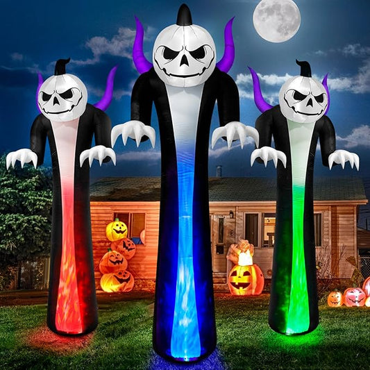12FT Halloween Inflatables Decoration Outdoor Giant Pumpkin Reaper Ghost Built-in 3-Colored Rotation Flame LED Halloween Blow Up Yard Decorations Spooky Outdoor Party Yard Lawn(1PCS)