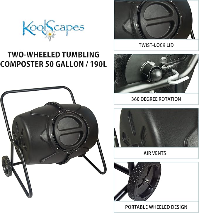 Koolscapes Wheeled Tumbling Composter – 50-Gallon Portable Eco-Friendly Rotating Bin BPA-Free Recycled Plastic with Sturdy Steel Frame & Twist-Lock Lid for Year-Round Composting