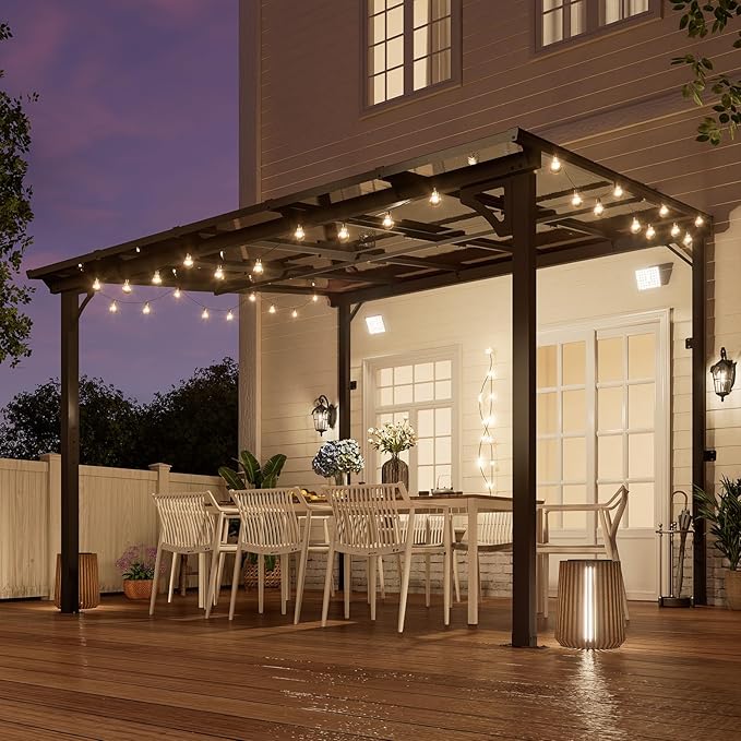 MEISSALIVVE 10' x 10' Wall Mounted Lean to Metal Gazebo with Sloped Roof - Black