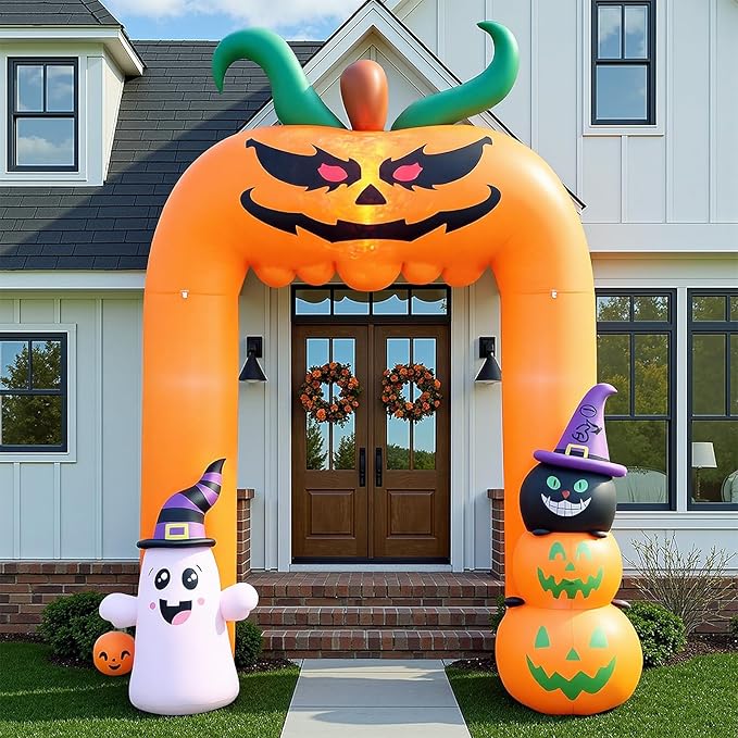 11FT Halloween Inflatable, Giant Halloween Inflatables Archway, Inflatables Blow Up Scary Pumpkin with Ghost and Cat for Lawn Garden Yard Holiday Party Decorations