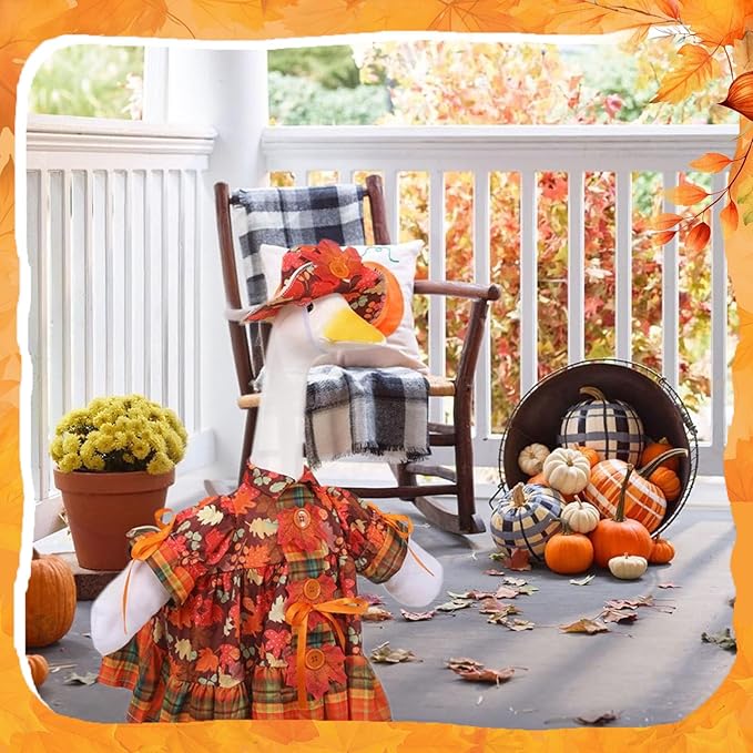 Fall Porch Goose Outfit Set for 23'' Plastic Statue Lawn Porch Goose Clothes with Thanksgiving Day Maple Leaf Skirt Hat Costume for Indoor Outdoor Patio Yard Lawn Art Decor