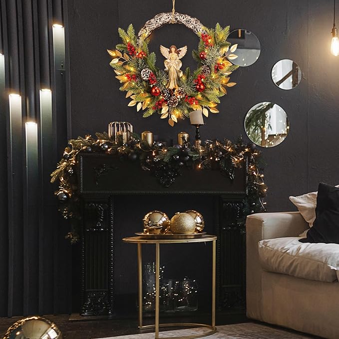 YULETIME 24" Angel Christmas Wreath, Artificial Holiday Wreath with Resin Angel Statue, Natural Rattan Ring & Pine Cones, Golden Leaves, Red Baubles, Spruce Branches, Snowy Pine Needles