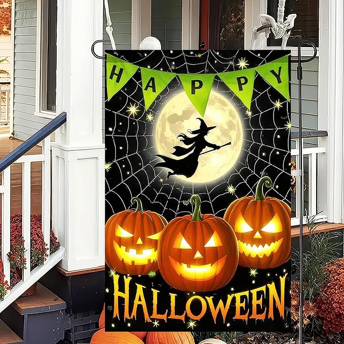 Garden Flags 12x18 Inch Halloween Garden Flag Outdoor Fall Decorations Vertical Double-Sided Witch Pumpkin Moon Banner Yard Sign for Porch Lawn Home Party Garden Decor