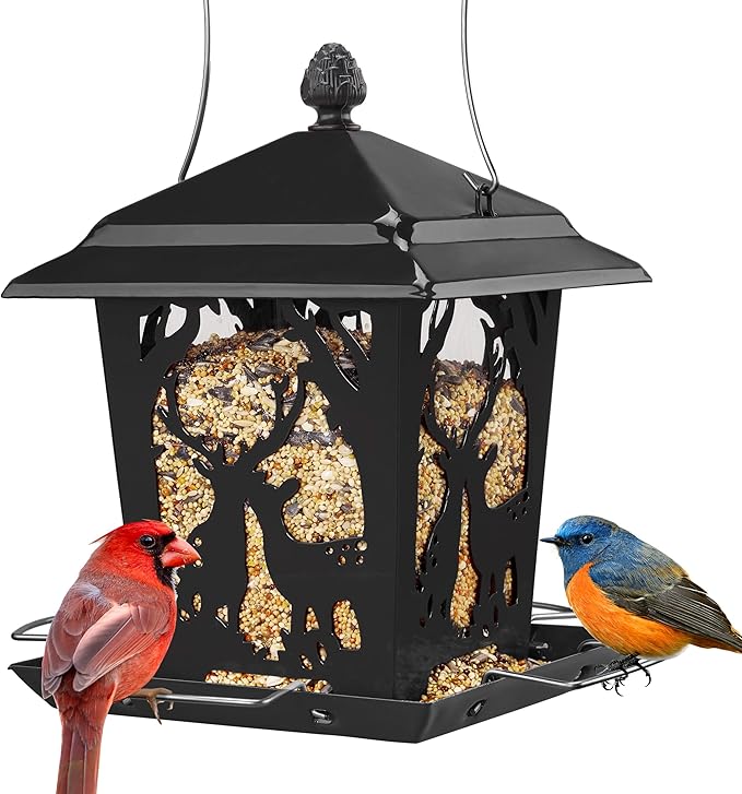 Kingsyard Metal Bird Feeder for Outdoor Hanging - Unique Design Wild Bird Hopper Feeder with 4 Perches and Rainproof Roof, Black